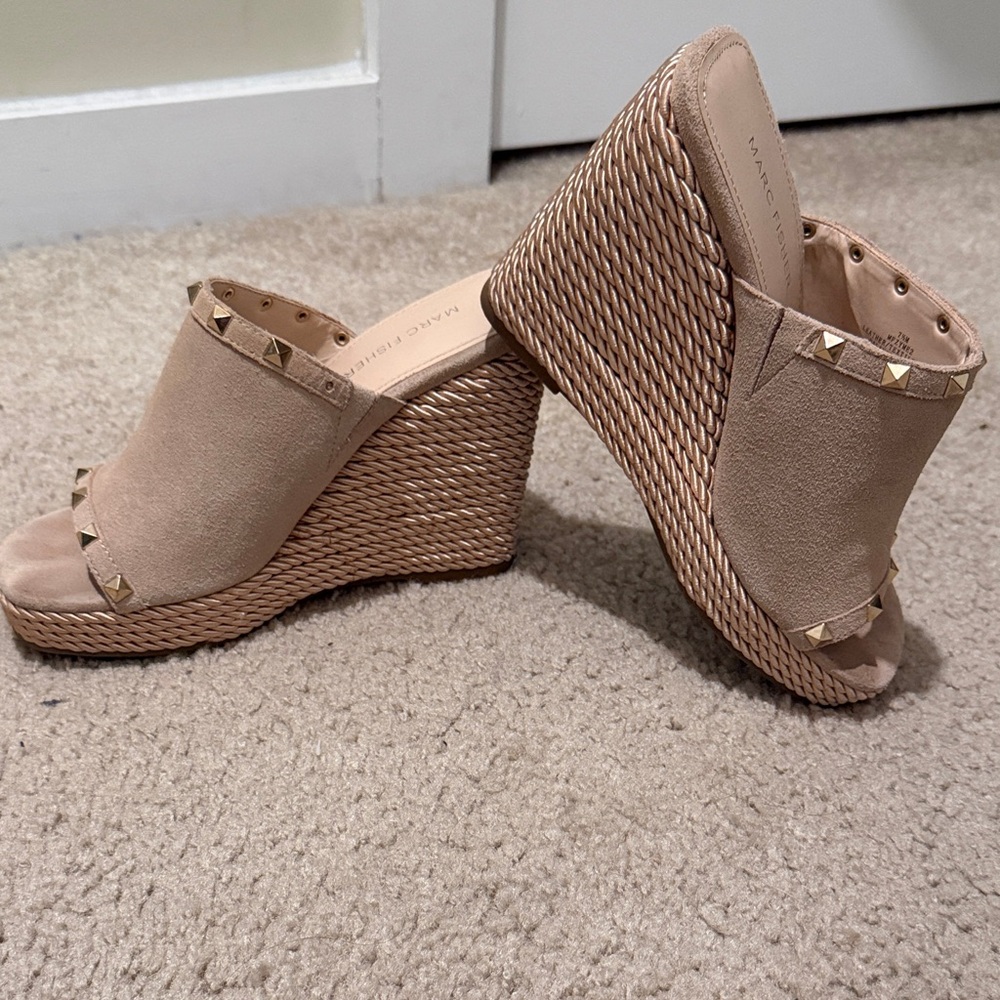 Marc Fisher Studded Tan Wedge Slide Sandals